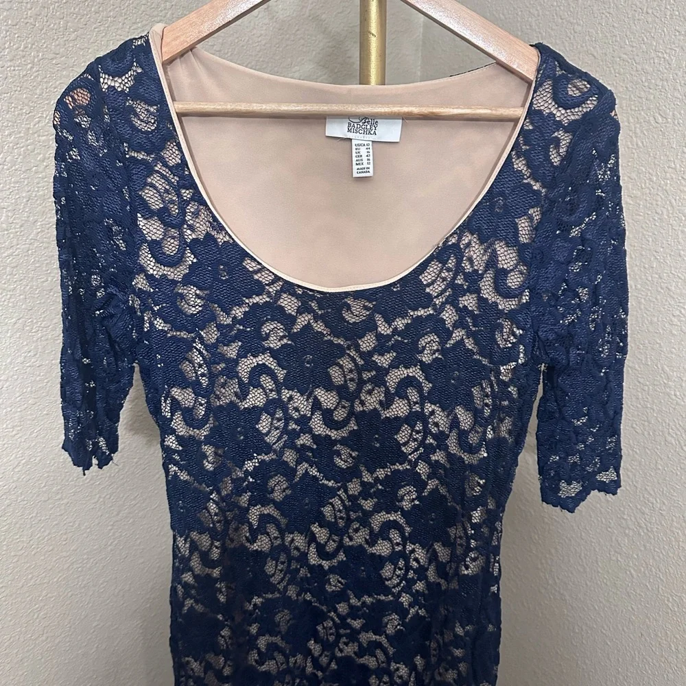 Badgley Mischka Navy Lace Dress with Nude Lining - Picture 2 of 10